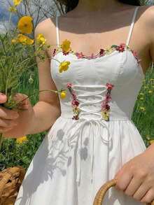 Vestido de largo medio con estampado floral y nudo delantero, para primavera/verano - Blanco - Ver 3