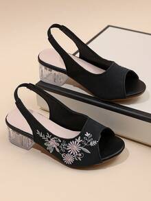 Children's Floral Embroidered Black High Heel Sandals - Black - View 9