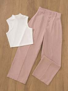 Conjunto de pantalones rectos casuales de color rosa y blusa de cuello alto blanca, adecuado para la oficina y el jardín, elegante para primavera/verano - albaricoque y blanco - Ver 7