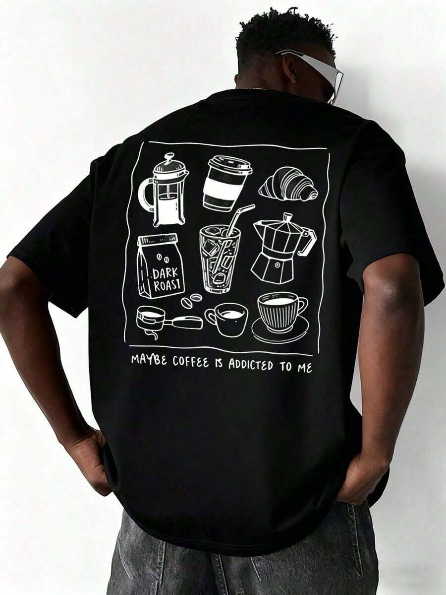 Short-Sleeved, Round-Neck T-Shirt With A Versatile Coffee Print, Suitable For Coffee Lovers. - 黑色 - 查看 1