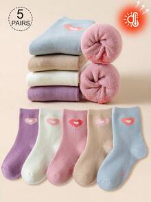 5 Pasang Kaos Kaki Anak Perempuan, Berbagai Warna (Merah Muda, Putih, Biru, Krem, Aprikot, Ungu) dengan Motif Hati & Huruf Kartun, Lembut & Hangat, Tebal, Gaya Sederhana, Lucu & Modis, Serbaguna untuk Pemakaian Sehari-hari, Cocok untuk Musim Gugur & Musim Dingin - MultiWarna - View 13