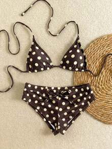 Nuevo conjunto de bikini con estampado de lunares sexy, espalda descubierta y lazo, con tirantes de espagueti para playa y piscina en vacaciones - Marrón - Ver 2