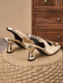 WHDXY Square Toe Ankle Strap Sandals, Metal Buckle Asymmetric Heel Pumps, Versatile Dress Shoes For Work And Date, Elegant Heeled Sandals For Women - Gold - View 3