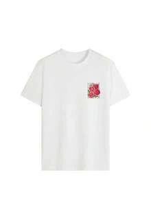 Set de 3 camisetas de manga corta con cuello redondo, de uso diario y casual, con estampado floral, simples y de moda para mujeres en verano - Blanco y albaricoque y rosa - Ver 5