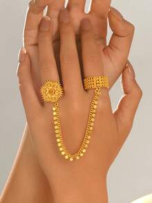 1pc Adjustable Flower Chain Connected Finger Ring, Luxury Copper Gold Plated, Suitable For Women Wedding Party Accessories - Yellow Gold - View 3
