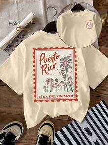 Camiseta Casual de Manga Corta para Mujer - Estampado Vintage con Patrón de Palmeras y Letras, Regalo para Vacaciones de Verano en la Playa, Manga Corta, Corte Regular, Cuello Redondo, Adecuada para Primavera y Verano, Ropa para Mujer - Albaricoque - Ver 7