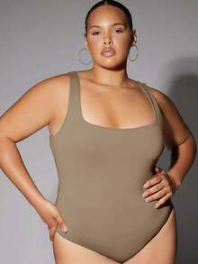 1 Piece Solid Color Square Neck Bodysuit - Khaki - View 4