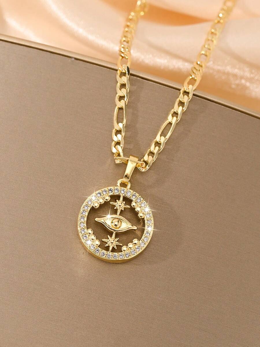 1 chiếc vòng cổ mạ vàng 14k bằng đồng kiểu cổ điển hình mắt quỷ đính đá Zirconia dành cho nữ, mặt dây chuyền tinh tế và có hiệu ứng ba chiều, đá Zirconia được đính một cách kín đáo và lấp lánh, dây chuyền dài 50cm không dễ bị xoắn, thanh lịch khi đeo riêng hoặc kết hợp nhiều lớp, một phụ kiện hàng ngày kết hợp ý nghĩa bảo vệ và phong cách thời trang. - Vàng - Xem 1