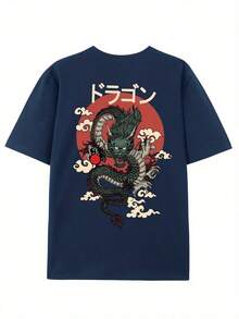 Una camiseta de manga corta para mujer con estilo retro americano, de diseño holgado y estampado (los pantalones son solo sugerencias de estilo). Este artículo sencillo y a la moda presenta patrones de texto con estampados tropicales, y es un elemento imprescindible para crear un estilo relajado de vacaciones, siendo muy adecuado para el Día del Trabajo y el Día de la Independencia de México. - Azul Marino - Ver 1