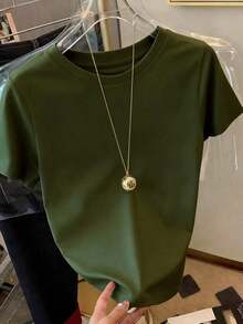 Camiseta de manga corta de cuello redondo de unicolor para uso diario casual de mujer - Verde militar - Ver 1