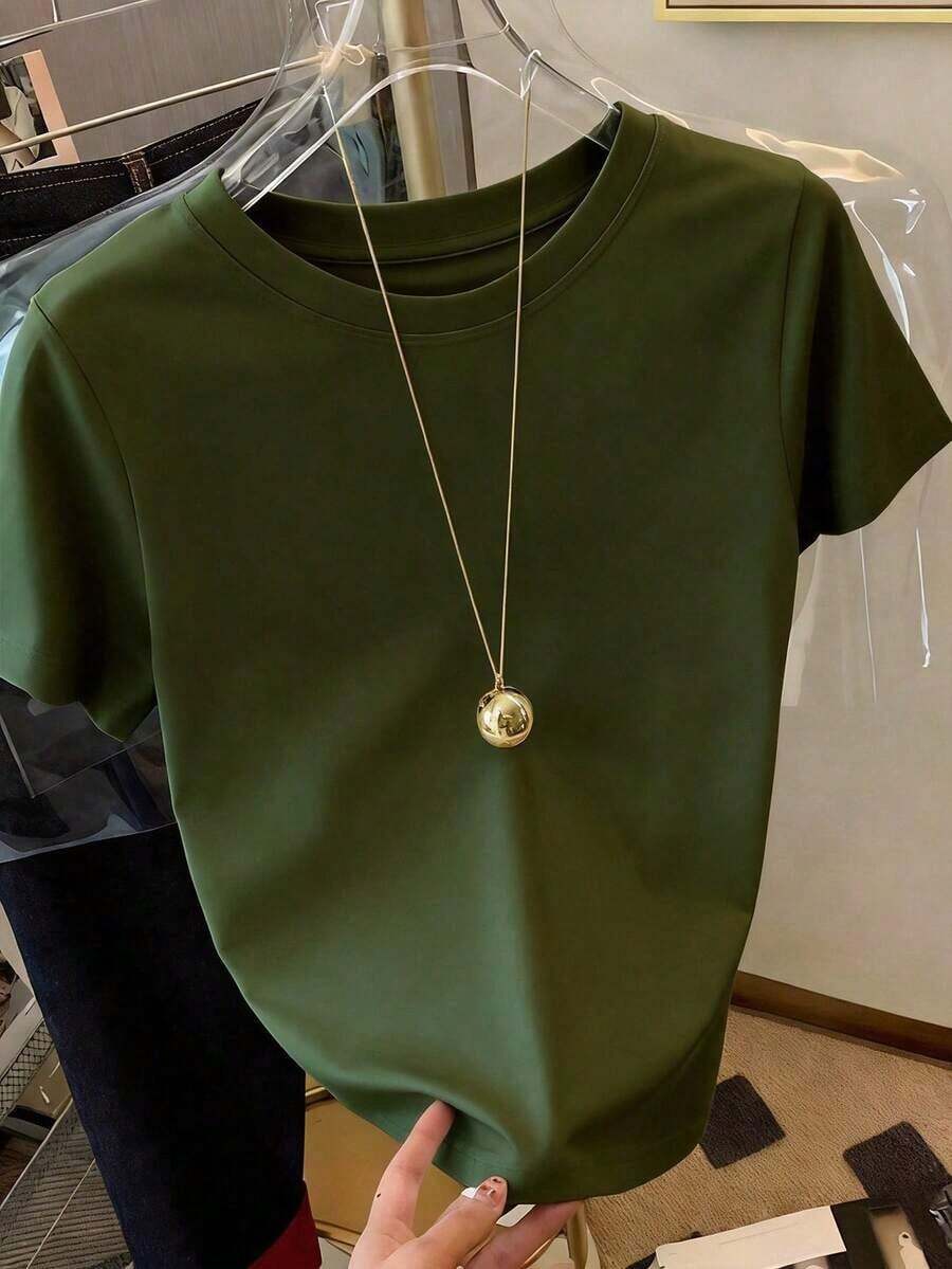 Camiseta de manga corta de cuello redondo de unicolor para uso diario casual de mujer - Verde militar - Ver 1