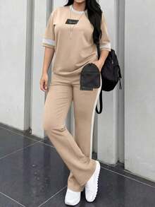 Conjunto de 2 piezas de camiseta de manga corta de cuello redondo y pantalones sueltos de cintura elástica para mujer, uso casual diario, elegante para primavera/otoño y verano - Albaricoque 117 - Ver 4