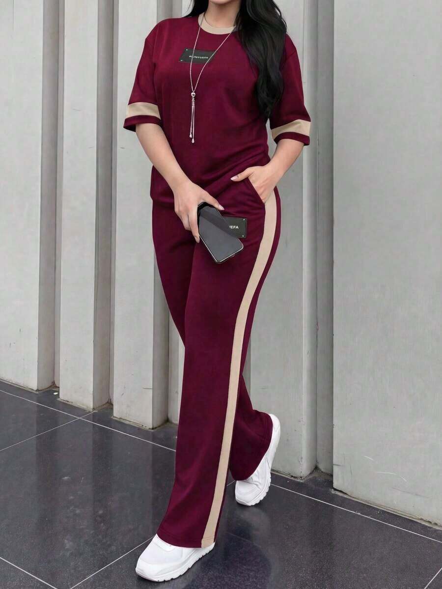 2 piezas Conjunto de camiseta de manga corta de cuello redondo y pantalones sueltos de cintura elástica para mujer, uso diario casual, negro, verano - Borgoña 63+ Albaricoque - Ver 1