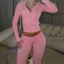 Color Block Waist Knit Two Piece Set, Slim Sweatshirt + Micro Flare Casual Pants, Women Sport Daily Leisure Matching Outfit - 粉色 - 查看 7