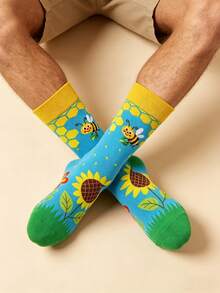 1 Pair Men's Fresh Blue-Green Contrast Color Bee Pattern Socks, Creative Design Mid-Calf Socks, Unisex Bee & Sunflower Cartoon Mid-Calf Socks, Funny Print Versatile Cotton Socks, Suitable For All Seasons - Multicolor - View 3