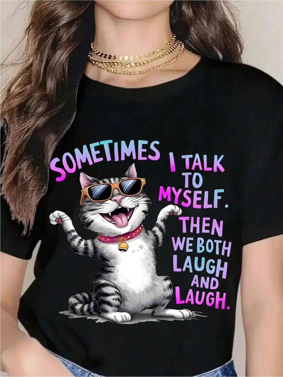 Camiseta de Verano para Mujer con Estampado Divertido y Humorístico | 100% algodón puro, cuello redondo con estampados originales - adecuado para uso casual, jardinería, combinación de colores blanco y negro, perfecto para Halloween, Navidad, Día de Acción de Gracias y como regalo de cumpleaños para hombres y mujeres. - Negro - Ver 1