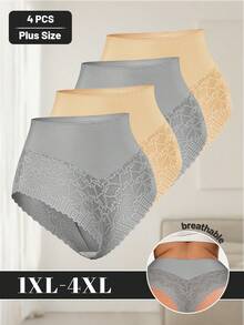 MEIYATING 4pcs/Pack Plus Size Women Lace Trim Mesh Splice Soft Comfortable Sexy Thong Panties - Multicolor - View 6