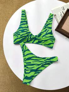 夏季新款女款比基尼泳衣，派對節慶甜美風，純色優雅花卉印花，扭結雙肩帶兩件式海灘泳衣，度假風 - 彩色 - 查看 1