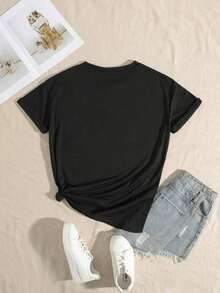 1 pcs1 pieza Camiseta gráfica con personaje de dibujos animados, cuello redondo casual, longitud regular, tejido de punto de 180g/m², camiseta de  para todas las temporadas, moda de verano blanca180g 100% Cotton - Negro - Ver 2