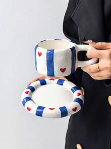 1 Set Classic Striped Heart Ceramic Coffee Cup & Saucer, Cute Korean Ins Style Mug Design With Matching Striped Heart Coaster, Ideal Choice For Coffee, Perfect Birthday & Holiday Gift, Suitable For Home Use, Great Gift For Him, Fun Cup. - Multicolor - View 15