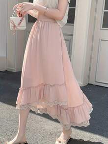 Casual Style Irregular Lace Patchwork Cake Skirt, High-Waisted Slimming Mid-Length Skirt, Fairy-Like And Gentle Style - Pink - View 5