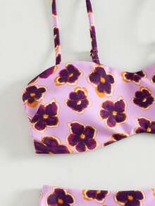 Bộ bikini hai mảnh in hoa dễ thương dành cho nữ, kiểu áo quây, cạp cao, thích hợp cho kỳ nghỉ xuân/hè ở bãi biển. - Nhiều màu - Xem 5