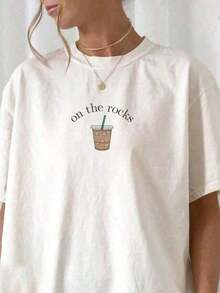 1 pieza de camiseta holgada de talla grande para mujer, 100% algodón, con diseño estampado de café helado "On The Rocks", perfecta para visitas a cafeterías, desplazamientos matutinos y uso diario para amantes del café, mostrando la actitud casual de la cultura del café estadounidense. 180g Algodón 100%. - Blanco - Ver 1
