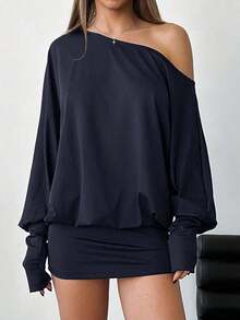 Vestido corto y ajustado de manga larga, asimétrico y sexy para mujer, para festivales de música y estilo streetwear moderno - Gris Oscuro - Ver 5