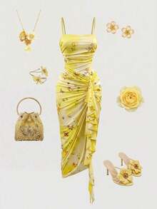 Vestido de mujer con estampado de mariposa vintage con teñido anudado, volantes fruncidos y bajo asimétrico, ideal para el Día de San Valentín, carnaval, cóctel, cena, baile de graduación, cumpleaños, verano y fiestas - Amarillo claro 2 - Ver 3