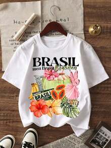 Camiseta Casual para Mujer con Estampado de Frutas y Flores Tropicales de Brasil, Estilo Vintage, de Manga Corta y Cuello Redondo, Estética Boho para Vacaciones de Verano, Ropa Urbana de Moda, Ligera, Transpirable y Cómoda para Uso Diario, Ideal para Salidas a la Playa, Festivales de Música, Estilo Urbano, Viajes de Vacaciones, Regalo para Entusiastas de la Cultura Tropical y los Viajes. - Blanco - Ver 5