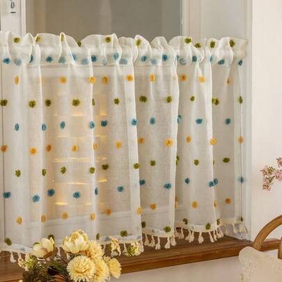 1pc White Middle Eastern Minimalist Style Blue Yellow Green Pom Pom Tassel Translucent Small Curtain, Suitable For Living Room, Bedroom, Balcony, Bay Window Decor, Excluding Track And Rod, All Season Home Decor