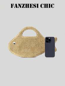 Natural Straw Woven Fish-Shaped Tote Handbag, Novelty Top Handle Beach Bag With 3D Eye Detail, Lightweight Casual Bag For Students & Office Ladies, Ideal For Beach Trips, Picnics & Daily Errands - Multicolor - View 4