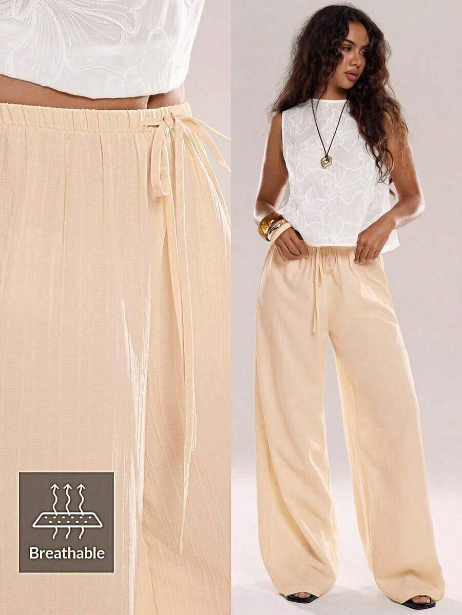 Women's Solid Color Casual Everyday Pants With Drawstring Waist - Apricot - View 1