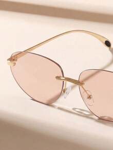 1 Pair Women's Rimless Retro Cat Eye Champagne Fashion Sunglasses, Suitable For Outdoor Travel, Tropical Beach Vacation, Music Festival Decoration - Champagne - View 3