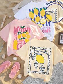 Set de 3 camisetas de manga corta con cuello redondo con gráficos de limón, cóctel y bebida, de estilo casual y versátil para mujer - Blanco, rosa y albaricoque. - Ver 1
