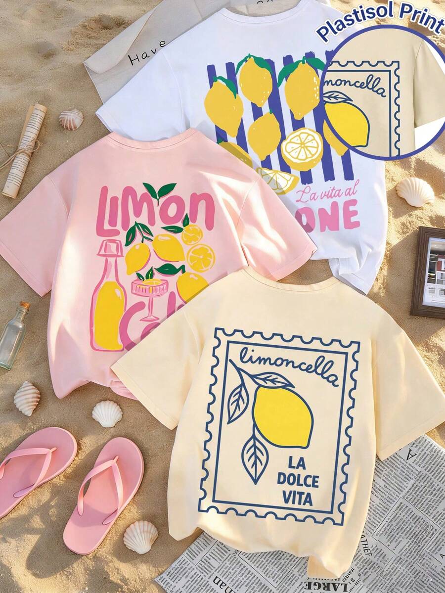 Set de 3 camisetas de manga corta con cuello redondo con gráficos de limón, cóctel y bebida, de estilo casual y versátil para mujer - Blanco, rosa y albaricoque. - Ver 1