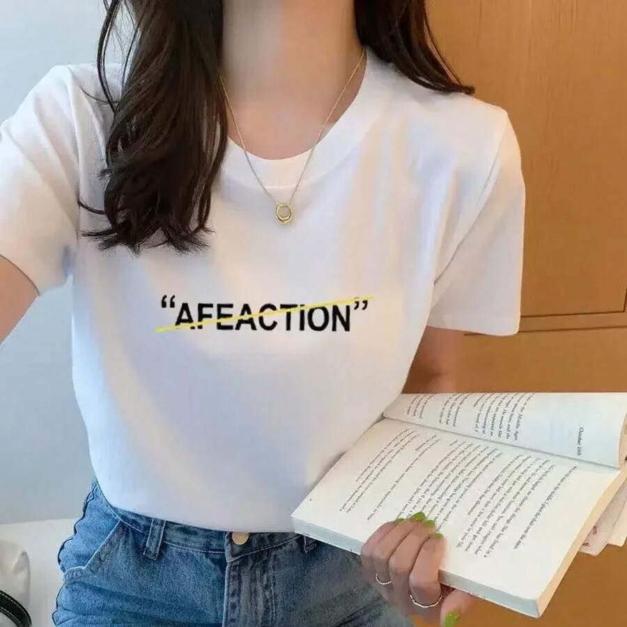 Camiseta blanca de verano para mujer, camiseta de manga corta para estudiante Ulzzang, camiseta holgada versátil de media manga, Top Harajuku BF de - M134-E - Ver 1