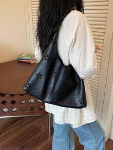 時尚女款編織新月包 PU 單肩腋下包，適合購物、錢包，適合年輕女性、大學生、職場新人、白領族，適用於辦公室、大學、工作、商務、通勤、戶外活動、旅行與出遊 - 黑色 - 查看 3