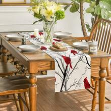 1pc American Country Style Table Runner, With Northern Cardinal Elements, Suitable For All Seasons. Can Be Used On Dining Table, Coffee Table, Sideboard, TV Stand, Vanity, Nightstand, As Well As For Weddings, Afternoon Tea, Birthday Parties, Holiday Gatherings, And More. - Multicolor - View 1