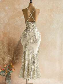 xheSoleia Vestido de mujer con estampado floral vintage colorido, cuello drapeado y volantes en el bajo, estilo vacacionalxhe - Amarillo claro - Ver 2