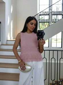 Top de punto sin mangas de cuello redondo de unicolor, versátil para el verano - Rosa vieja - Ver 1