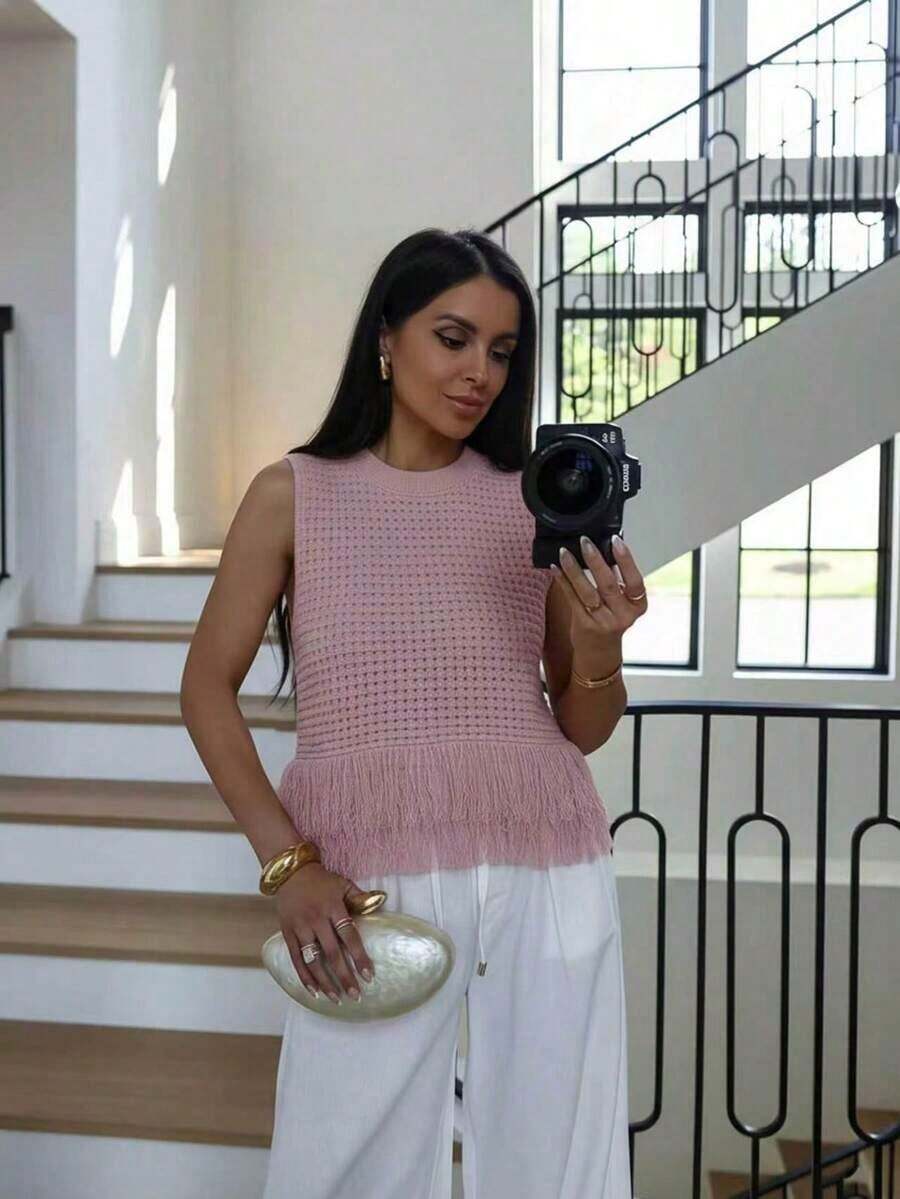Top de punto sin mangas de cuello redondo de unicolor, versátil para el verano - Rosa vieja - Ver 1