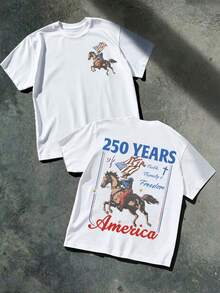 USA 250 Years Of America Cowboy And Horse Graphic T-Shirt, Patriotic With Faith, Family And Freedom, 4th Of July Front And Back Print, Men's Casual Cotton T-Shirt - 白色 - 查看 2