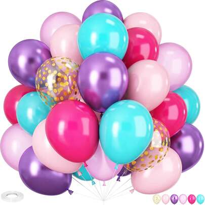 Pink And Purple Balloons, 60PCS 10Inch Purple Pink Teal Blue Balloons And Gold Birthday Balloon For Girls Princess Birthday Mermaid Baby Shower Party Decorations