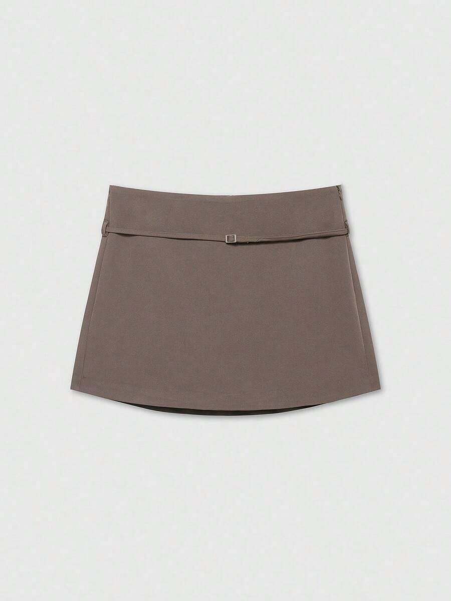 Falda pantalón negra de unicolor minimalista para uso casual, oficina y viajes, con hebilla y cinturón, para verano - Café integral - Ver 1