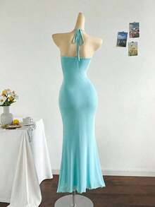 2026 Women's Romantic Gradient Mesh Knit Holiday Dress With Halter Neck, Bow And Decorative Metal Buckle, Mermaid Cut, Suitable For Parties, Dates, Afternoon Tea, Sexy And Elegant - 銅色 - 查看 2