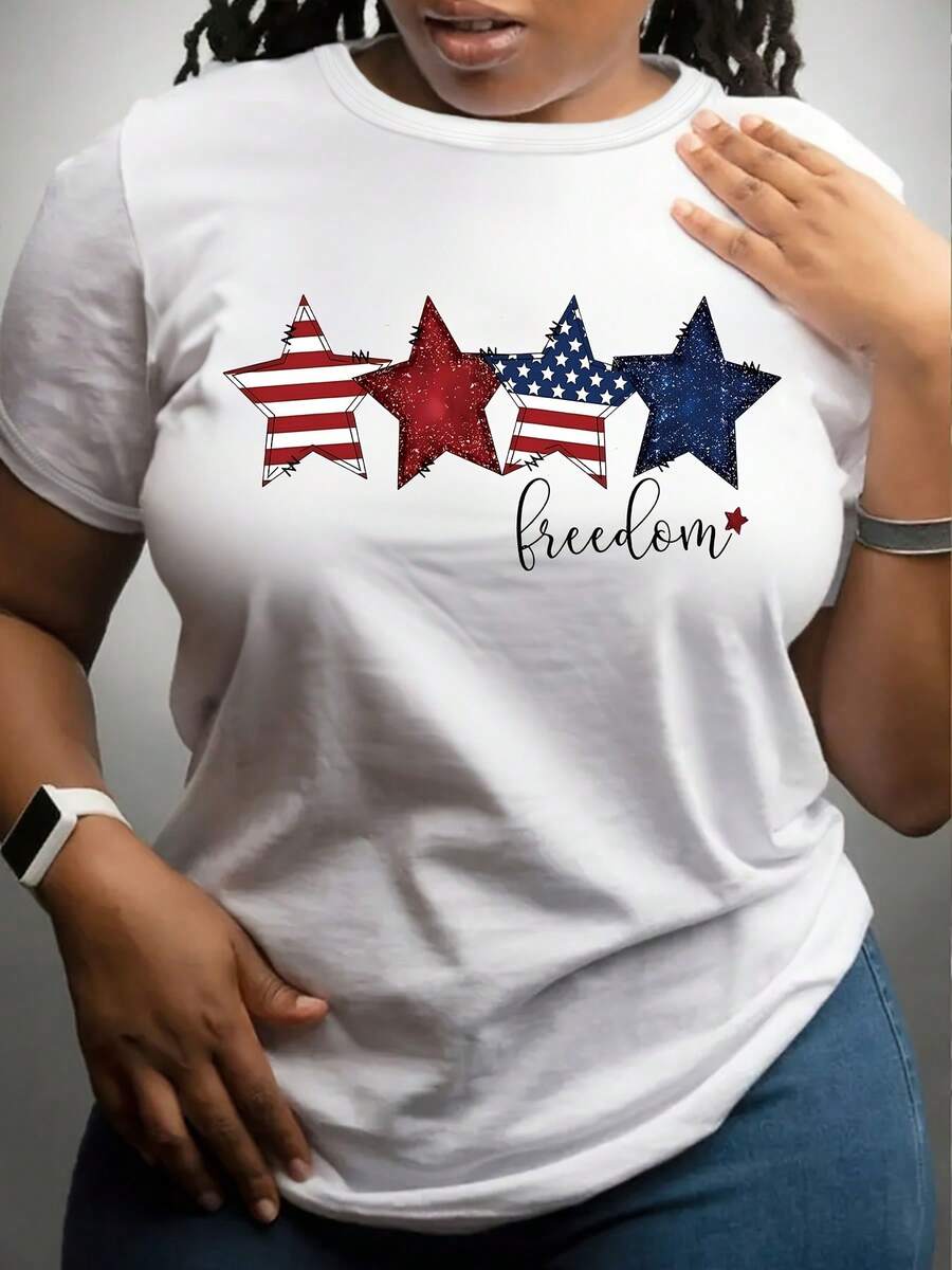 1 Piece - Women's Plus Size T-Shirt With American Patriotic Flag Design - Red With White And Blue Stars, Soft Crew Neck, Short Sleeve, Comfortable Top For Casual Wear, Machine Washable, Suitable For All Seasons, Holiday Wear, And Everyday Wear. | Patriotic Design | Durable Fabric, American Flag Clothing, 180g, 100% Cotton - 白色 - 查看 1