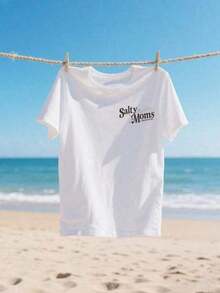 Salty Moms Women's Short Sleeve T-Shirt, Comfortable And Colorful, For Beach And Club, Fashionable Beach T-Shirt, Summer Style T-Shirt - Plus Size Casual Short Sleeve Crew Neck T-Shirt, Soft And Breathable Fabric For Summer Parties And Gifts. - 白色 - 查看 2