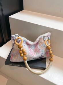 1pc Floral Sequin & Beaded Decor Woven Wooden Bracelet Handbag Retro Beach Style Women Zipper Shoulder Bag Suitable For Vacation Shopping Working - Multicolor - View 7
