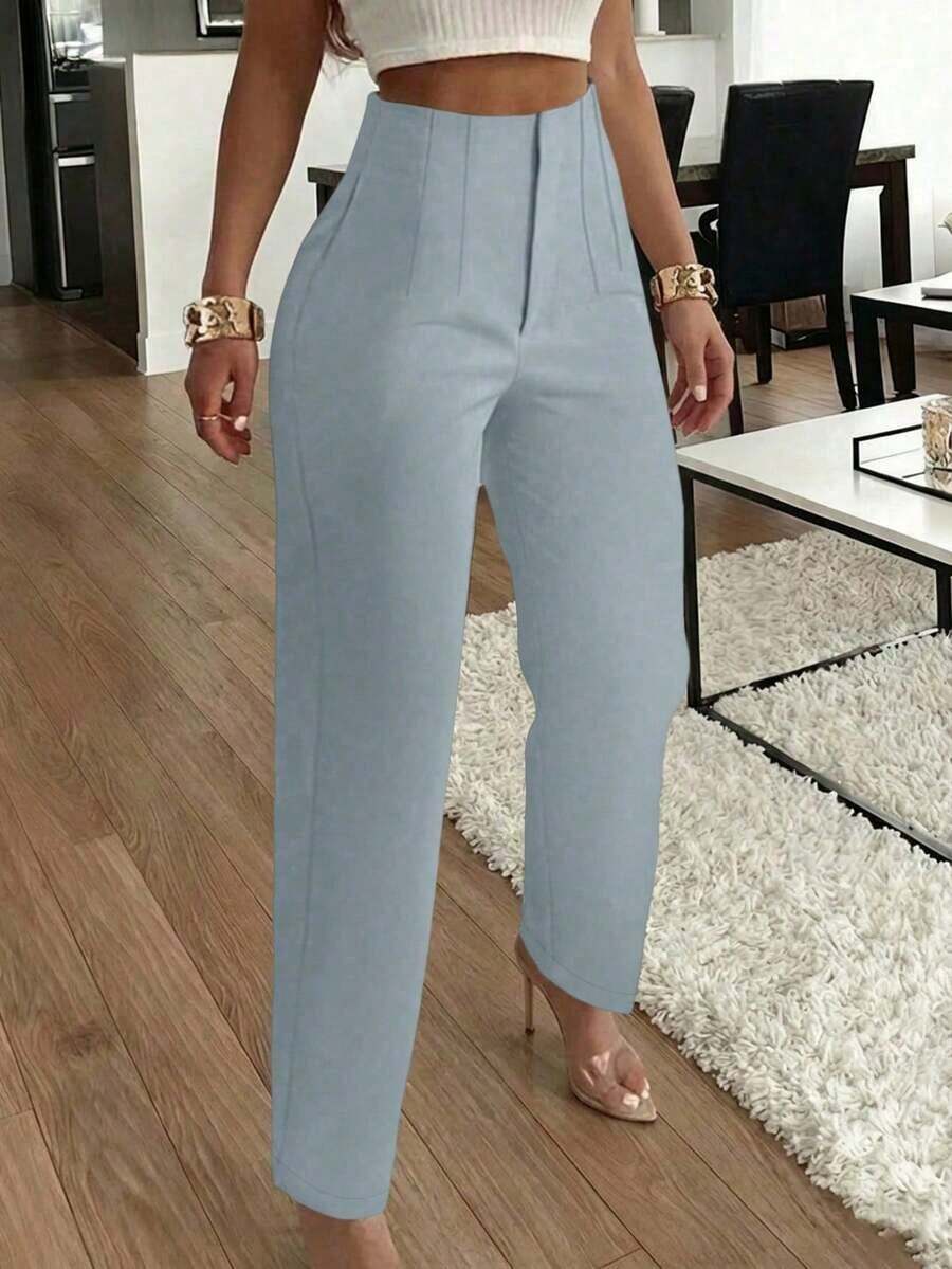 Pantalones elegantes de oficina con bolsillos laterales plisados y ajuste ceñido para mujer, de uso casual en primavera - Azul - Ver 1